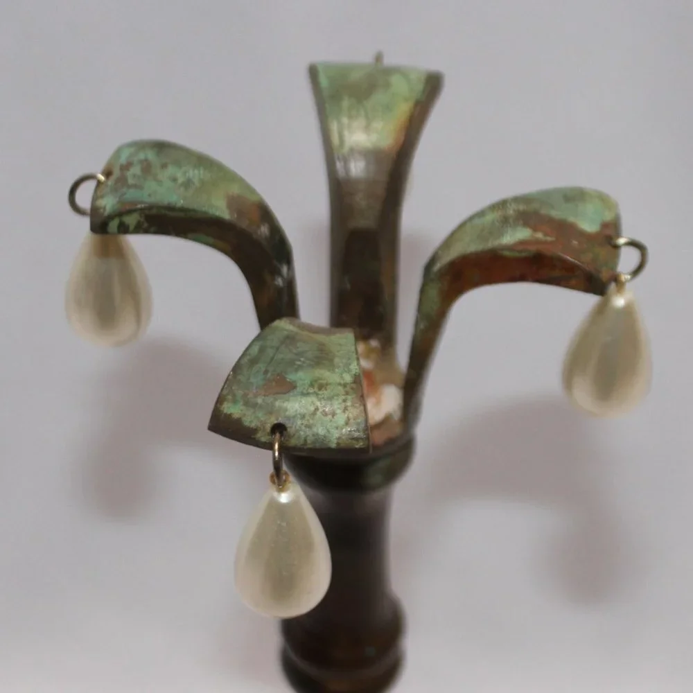 Brass Taper Candlestick w/Patina and Teardrop Pearls